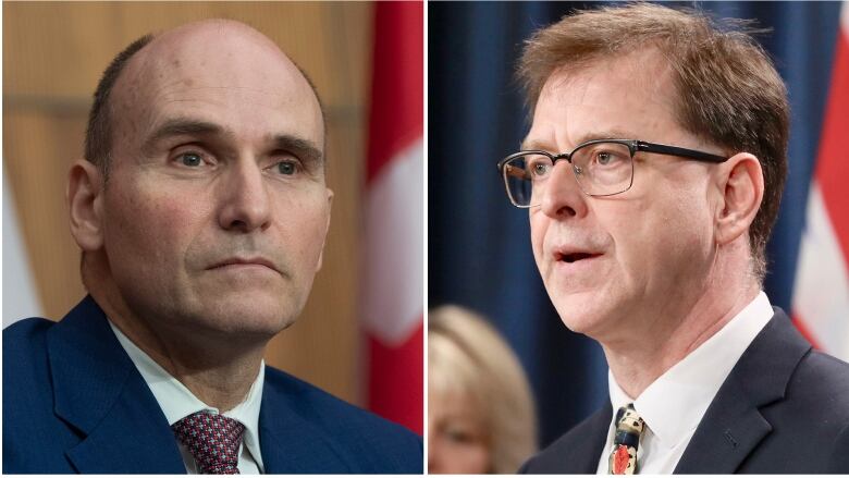 A composite of Jean-Yves Duclos and Adrian Dix at news conferences.