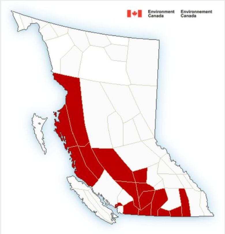 A map of British Columbia showing multiple regions coloured red, to indicate weather warnings.