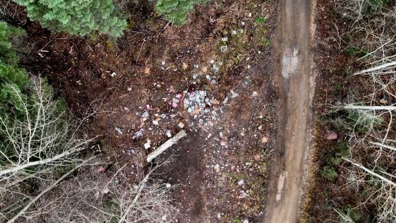 Garbage and litter is strewn on the ground in the woods. 