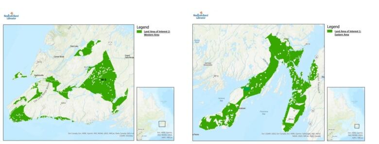 A collage photo of two maps of central and eastern Newfoundland respectively. Parts of the map are highlighted in green.