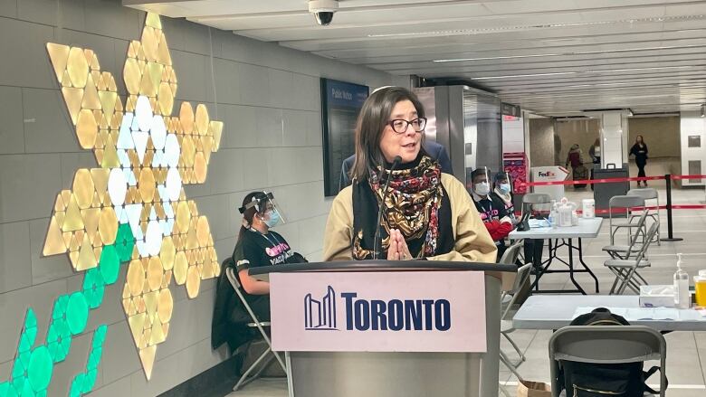 Dr. Eileen de Villa, Toronto's medical officer of health, speaks at Union Station in downtown Toronto on April 4, 2022.