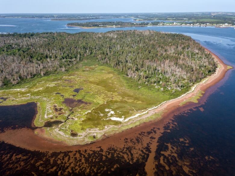 Kwesawek, or Oulton's Island, in Cascumpec Bay near Alberton. This is a drone image of the island from above.