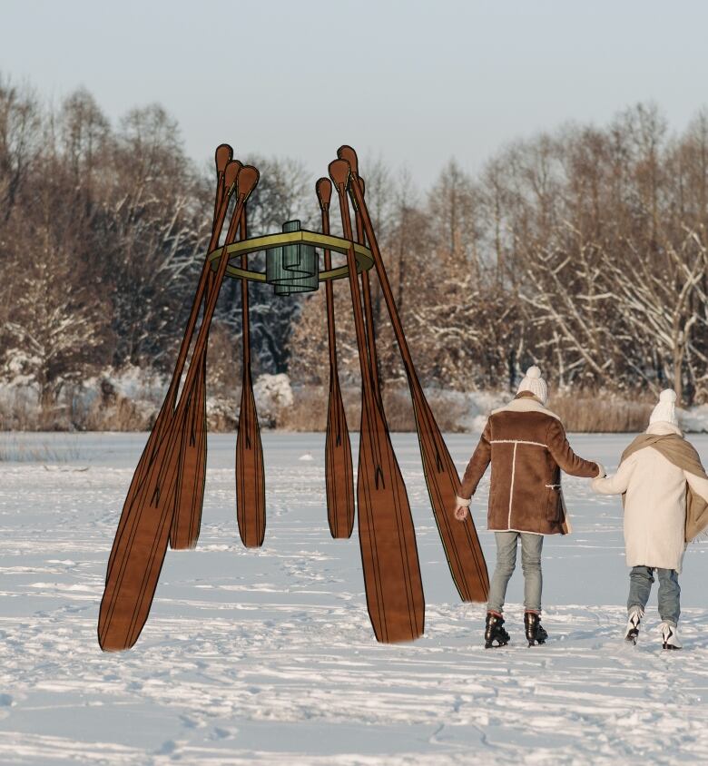 An artists rendering of a warming hut made of canoe paddles superimposed on a photo of two people skating.