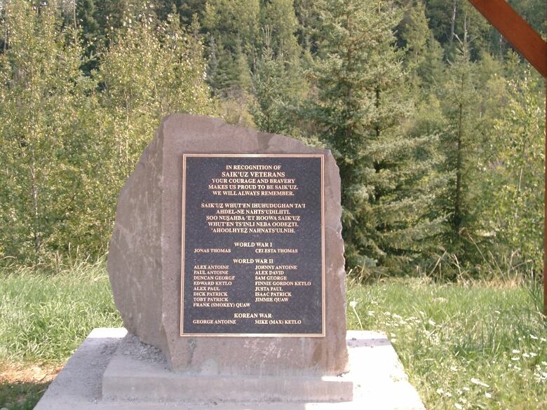 Plaque in memory of the Saik'uz men who served in the Canadian armed forces in WWI, WWII, and the Korean war. It is located by the side of Kenney Dam Road near the northern edge of the village.