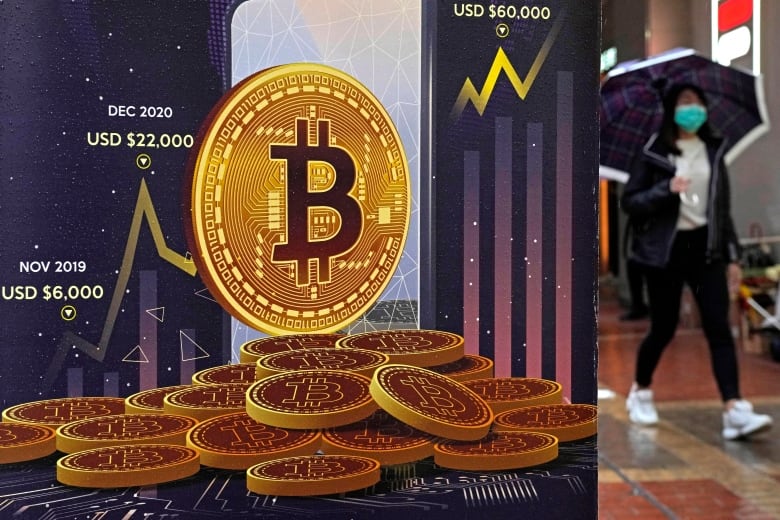 An advertisement for bitcoin cryptocurrency is displayed on a street in Hong Kong on Feb. 17, 2022. 