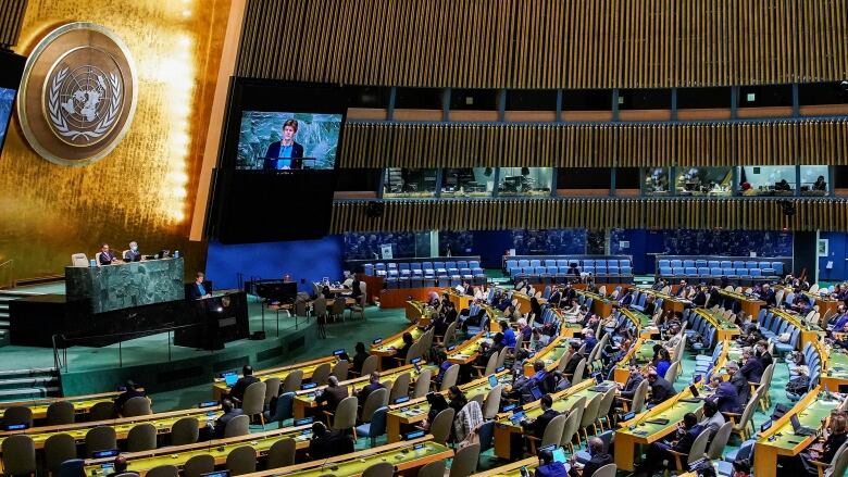 British Ambassador to the United Nations Barbara Woodward speaks to delegates before a vote on a resolution recognizing Russia must be responsible for reparation in Ukraine at the United Nations Headquarters in New York, U.S., on Nov. 14, 2022. 