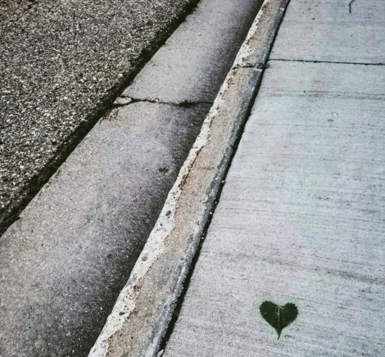 Close up of a grey concrete sidewalk and curb, with a small heart-shaped leaf lying on the sidewalk.