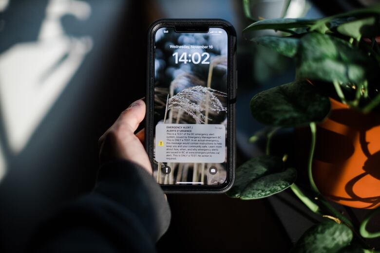 A hand holds a smartphone with an emergency message displayed on the lock screen, in front of a houseplant.