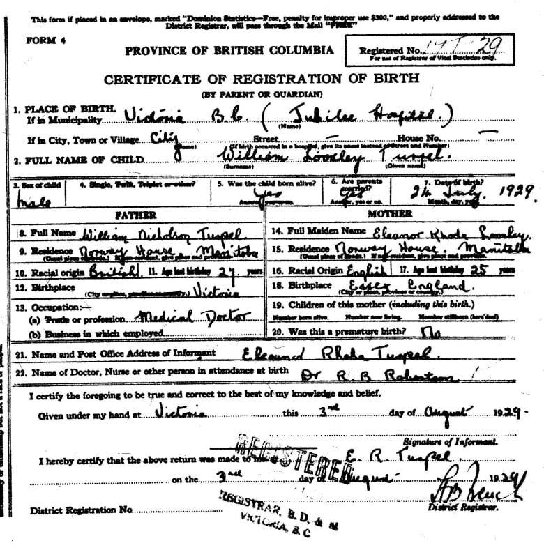 An old birth certificate for William Loosley Turpel