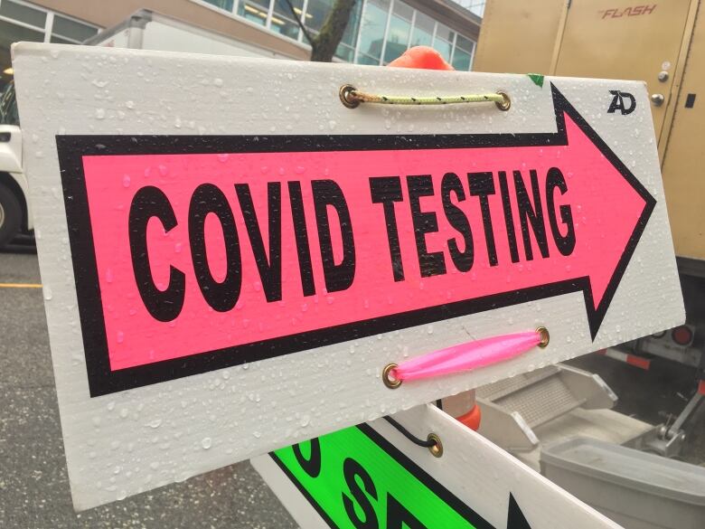 A sign with an arrow pointing right, saying 'COVID TESTING'.