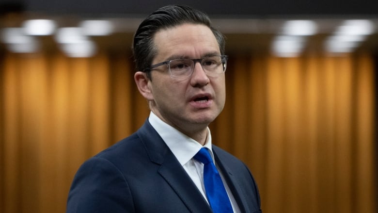 A man in a suit and a blue tie with glasses stands in a Parliamentary chamber.