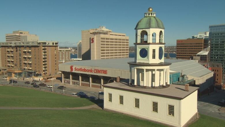 The Old Town Clock on Citadel Hill can be seen, with the Scotiabank Centre in the background. 