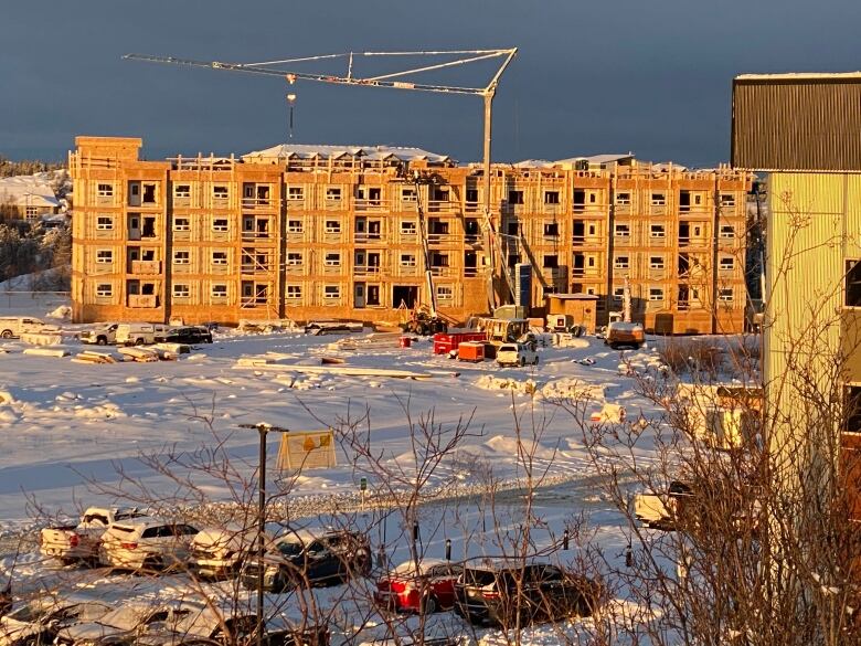 Building in development with crane in front.