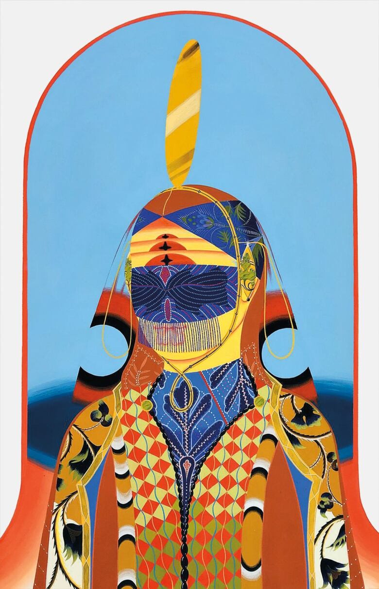 Mixed media artwork on paper by Rajni Perera. Depicts a medium close-up portrait of a mutant humanoid wearing ornately patterned orange, gold and blue garments and headdress. The figure is framed by a golden arch.