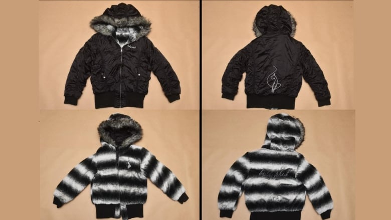 A series of four photographs shows a jacket. Two photos on the top show the front and back of a black jacket, with a hood lined with grey fur. Two photos on the bottom show the jacket reversed, with black-and-white horizontal stripes.