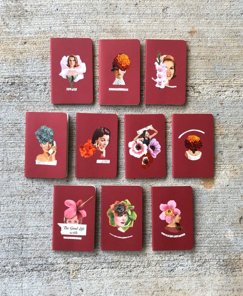 Flat-lay photo of 10 burgundy Moleskin journals decorated with original paper collages.