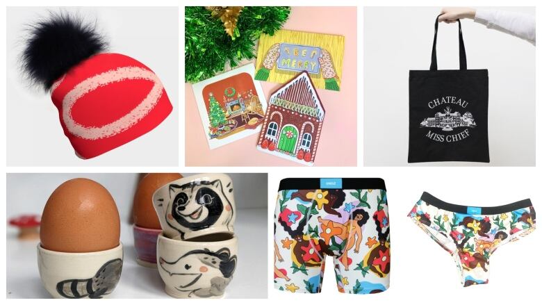 Photo collage of artist-made goods. Clockwise from left: a red and pink pom-pom toque; an assortment of illustrated Christmas cards, a screenprinted black canvas tote bag, printed underwear, illustrated egg cups with pictures of cute animals.