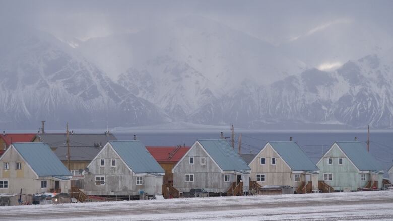 Houses in front of mountains