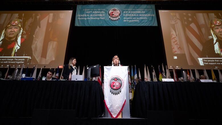 Assembly of First Nations National Chief RoseAnne Archibald speaks during the AFN's last annual general meeting in Vancouver on July 5, 2022.