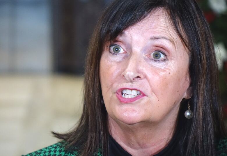 A close up of a person with shoulder length brown hair talking.