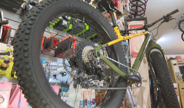 A large bike tire with big tread 