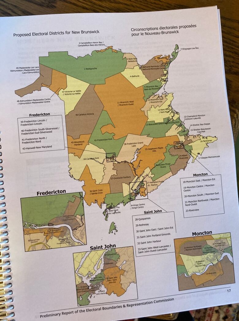 A map of New Brunswick divided into ridings