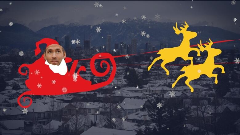 A graphic of Ryan Reynolds flying Santa's sleigh over Vancouver