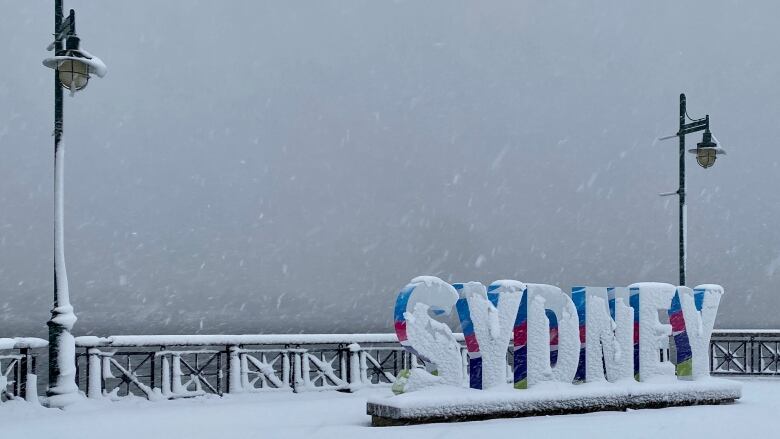 Snow falls on a sign that reads 