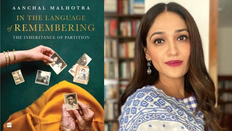 Author Aanchal Malhotra has long brown hair, red lipstick and is wearing a blue and white scarf draped around her shoulders. To the left of the image is her book, In the Language Remembering.