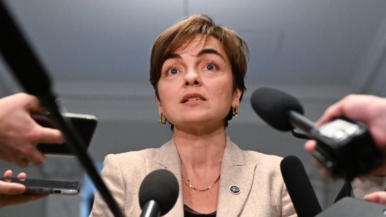 Quebec Immigration Minister Christine Frechette responds to reporters questions before entering a cabinet meeting.