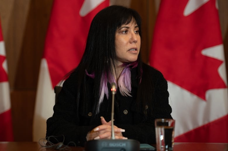 A woman speaks at a news conference.