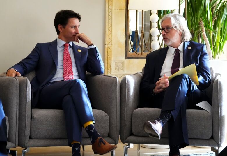 Prime Minister Justin Trudeau and OIF Deputy Secretary General Geoffrey Montpetit discuss the situation in Haiti on the sidelines of the Francophonie Summit in Djerba, Tunisia on Sunday, Nov. 20, 2022.