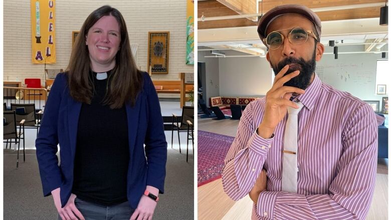 A collage of two people. The left photo is a woman wearing a clerical shirt. The right photo is a man 