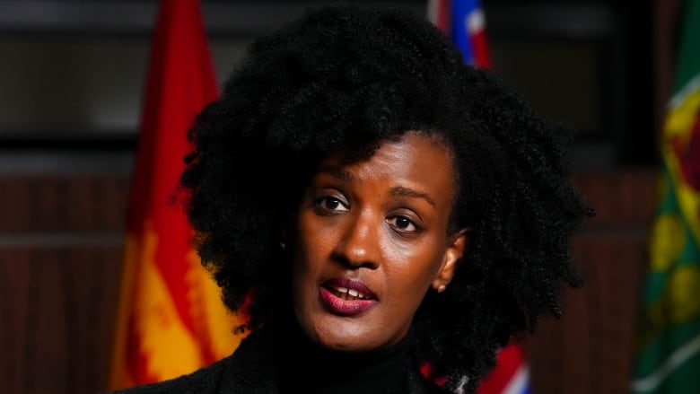 Ketty Nivyabandi, Secretary General of Amnesty International Canada, speaks during a press conference on Parliament Hill in Ottawa, Wednesday, Sept. 28, 2022. 