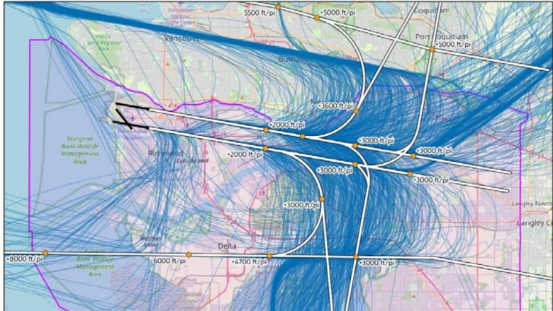 A rendering of Metro Vancouver shows a spaghetti-like pattern of blue lines, with thick white lines superimposed on the top.