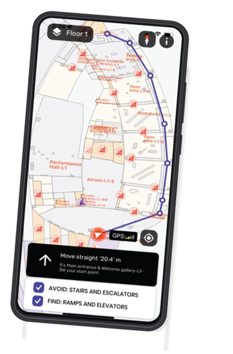 A screenshot of the Pedesting app navigating through a floor plan, pointing out ramps and elevators.