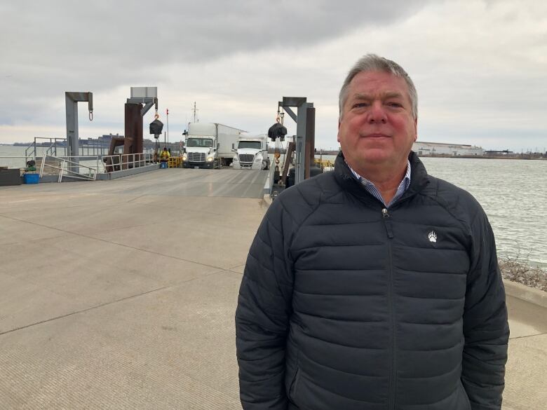 Detroit-Windsor Truck Ferry president Gregg Ward stands in front of the dock where the truck ferry lands in Windsor.