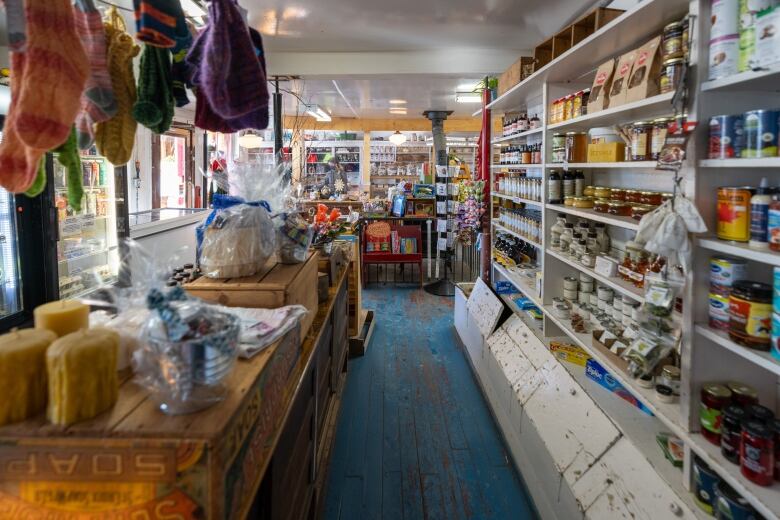 A selection of goods including local honey, hand-knitted socks and in-house made jams and pickles stock the shelves of Earltown General Store. 