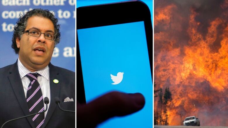 A collage of images is pictured. At right, a man wearing a suit stands in front of a microphone. In the middle, a bird logo is pictured on a blue background. At right, massive wildfires fill the sky.