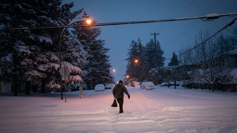 A person walks in the middle of a snowy street at dawn in Surrey, B.C.