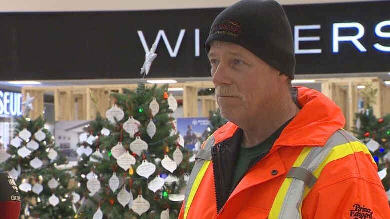 Man in bright orange coat and wearing tuque stands inside a mall in front of Christmas trees.