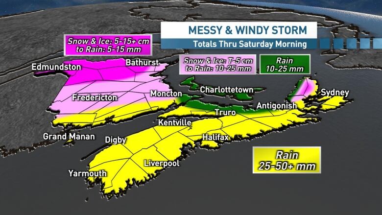 Heavy rain is expected across Nova Scotia. A mix of snow, ice and rain for much of New Brunswick. 