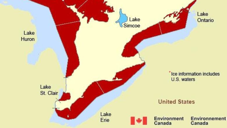 A map of the Great Lakes with red areas around them indicating a wind warning