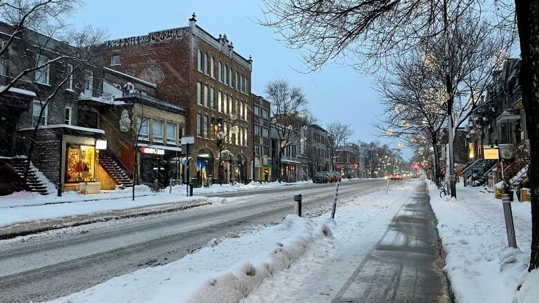 St-Denis street in Montreal covered with snow