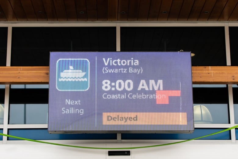 A departure sign board for Victoria (Swartz Bay) on exterior of BC Ferries Tsawwassen Terminal reads 'Delayed' on board the Coastal Inspiration. 