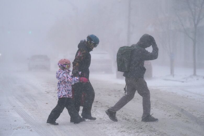 Two adults and a child walk across a snow-covered street in blizzard conditions.