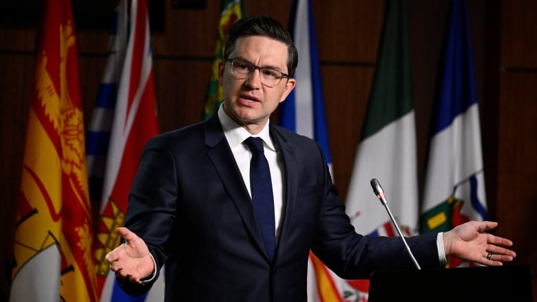 A man wearing a suit stands at a microphone and podium with his hands out, flags in the background.