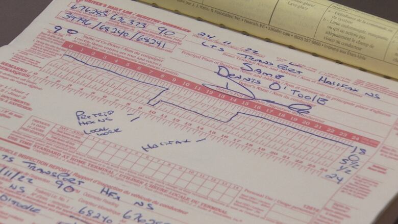 A paper log shows red columns depicting hours with a blue line that illustrates how long a driver was on the road and hand written numbers.