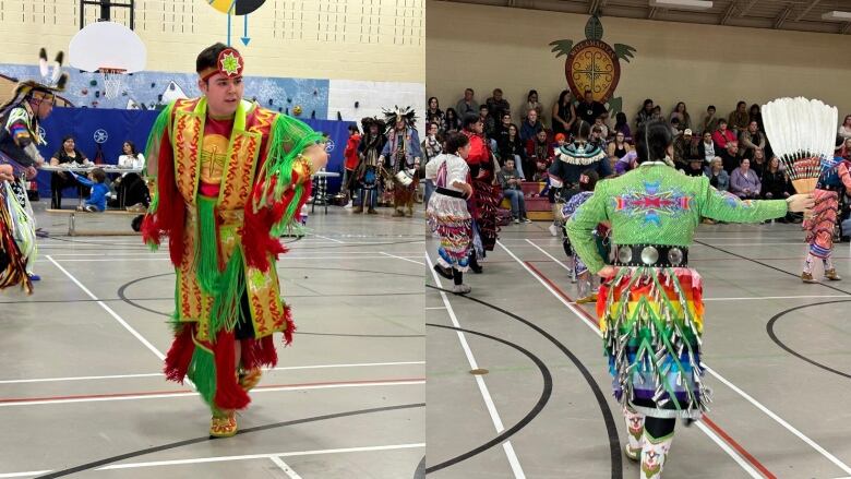 On the left, a man in a red and green dress dances. On the right, a woman in a green and rainbow jingle dress dances with an eagle fan in her right hand.