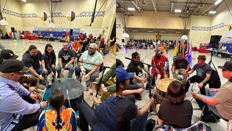 Two groups of men sit in two different circles, each surrounding a drum. They hold sticks to beat the drums with. 